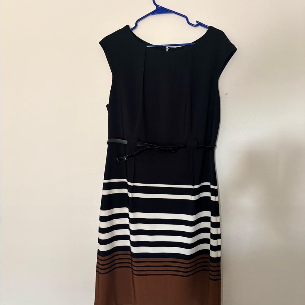 Elegant Black and Brown Striped Midi Dress